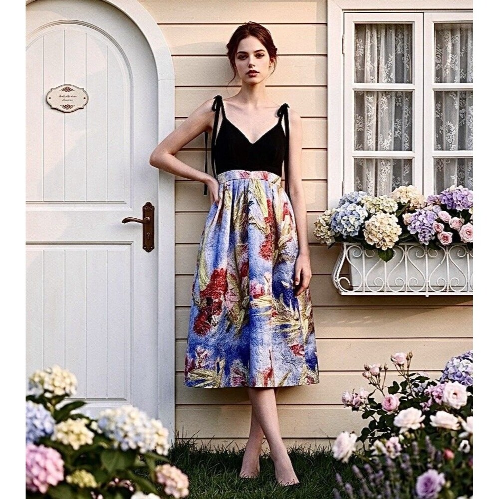 CHUN MEI NA Midi Dress Strappy Black Knit Top Artsy Jacquard Skirt A Line Size S